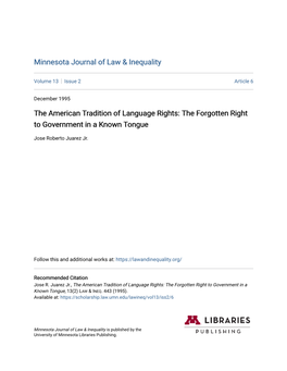 The American Tradition of Language Rights: the Forgotten Right to Government in a Known Tongue