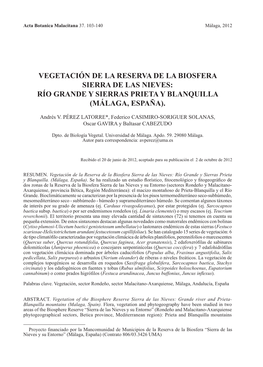 Vegetación De La Reserva De La Biosfera Sierra De Las Nieves: Río Grande Y Sierras Prieta Y Blanquilla (Málaga, España)