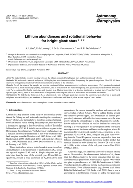 Lithium Abundances and Rotational Behavior for Bright Giant Stars�,