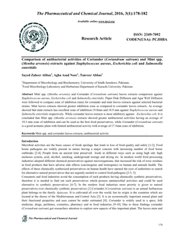 (Coriandrum Sativum) and Mint Spp. (Mentha Arvensis) Extracts Against Staphylococcus Aureus, Escherichia Coli and Salmonella Enteritidis