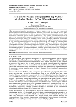 Morphometric Analysis of Tropicopolitan Bug Triatoma Rubrofasciata (De Geer) in Two Different Parts of India