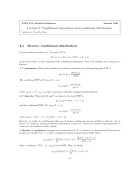 Lecture 4: Conditional Expectation and Conditional Distribution 4.1