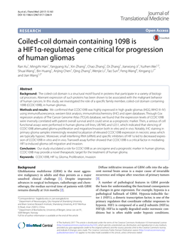 Coiled-Coil Domain Containing 109B Is a Hif1α-Regulated Gene Critical For