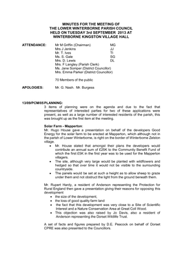 MINUTES for the MEETING of the LOWER WINTERBORNE PARISH COUNCIL HELD on TUESDAY 3Rd SEPTEMBER 2013 at WINTERBORNE KINGSTON VILLAGE HALL