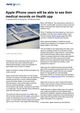 Apple Iphone Users Will Be Able to See Their Medical Records on Health App 31 January 2018, by Seung Lee, the Mercury News