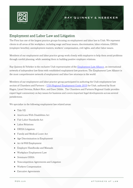 Employment and Labor Law and Litigation the Firm Has One of the Largest Practice Groups Focusing on Employment and Labor Law in Utah