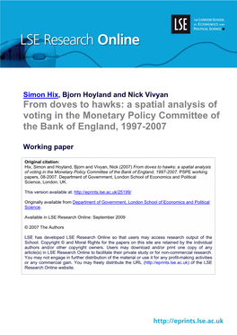 From Doves to Hawks: a Spatial Analysis of Voting in the Monetary Policy Committee of the Bank of England, 1997-2007