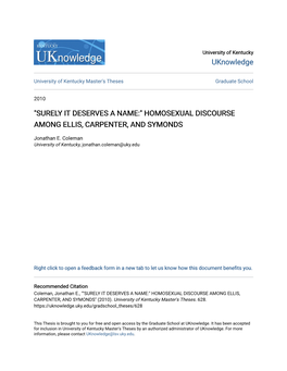 Homosexual Discourse Among Ellis, Carpenter, and Symonds