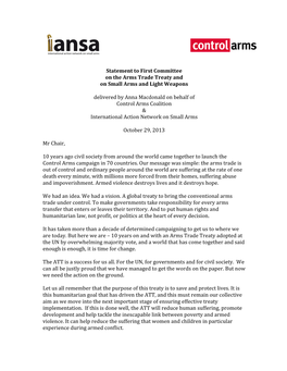 Statement to First Committee on the Arms Trade Treaty and on Small Arms and Light Weapons