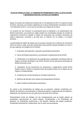 Plan De Trabajo Para La Comisión No Permanente Para La Evaluación Y Modernización Del Estado Autonómico