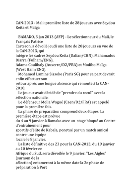 CAN-‐2013 -‐ Mali: Première Liste De 28 Joueurs Avec Seydou Keita Et M