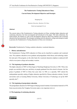 The Nondestructive Testing Education in China：：： Current Status, Development Objectives and Strategies