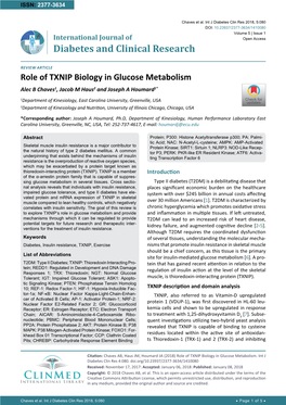 Role of TXNIP Biology in Glucose Metabolism Alec B Chaves1, Jacob M Haus2 and Joseph a Houmard1*