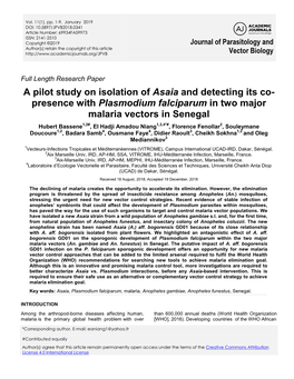 A Pilot Study on Isolation of Asaia and Detecting Its Co- Presence with Plasmodium Falciparum in Two Major Malaria Vectors in Senegal