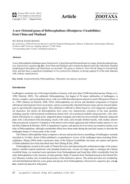 A New Oriental Genus of Deltocephalinae (Hemiptera: Cicadellidae) from China and Thailand