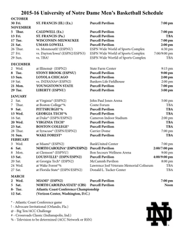 2015-16 University of Notre Dame Men's Basketball Schedule