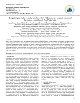 Histopathological Studies of Anabas Testudineus Bloch 1792 on Exposure to Aquatic Toxicants of Buckingham Canal, Chennai, Tamil Nadu, India