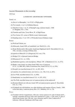 Ancient Monuments in This Township 1923 List LANERCOST (BURTHOLME TOWNSHIP) Tumuli, Etc