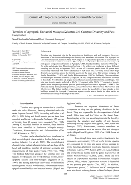 Termites of Agropark, Universiti Malaysia Kelantan, Jeli Campus: Diversity and Pest Composition Nurul Syuhaddah Mohamad Kori, Nivaarani Aumugam*