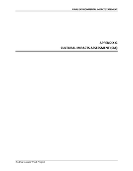 Appendix G Cultural Impacts Assessment (Cia)
