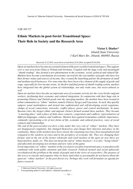 Ethnic Markets in Post-Soviet Transitional Space: Their Role in Society and the Research Area