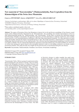 New Material of “Eurysternidae” (Thalassochelydia, Pan-Cryptodira) from the Kimmeridgian of the Swiss Jura Mountains