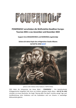 POWERWOLF Verschieben Die Wolfsnächte-Headliner Europa- Tournee 2021 in Den November Und Dezember 2022