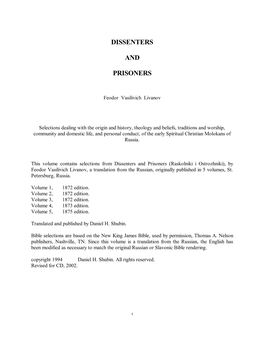 Dissenters and Prisoners (Raskolniki I Ostrozhniki), by Feodor Vasilivich Livanov, a Translation from the Russian, Originally Published in 5 Volumes, St