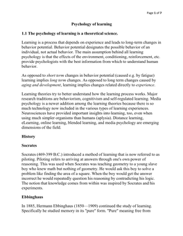 Psychology of Learning 1.1 the Psychology of Learning Is A