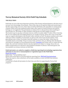 Torrey Botanical Society 2016 Field Trip Schedule