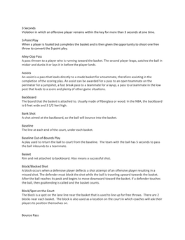 3 Seconds Violation in Which an Offensive Player Remains Within the Key for More Than 3 Seconds at One Time. 3-Point Play When A