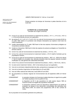 LE PREFET DE LA HAUTE-SAONE Chevalier De La Légion D'honneur, VU Le Livre IV Du Code De L'environnement Et Notamment Les Ar