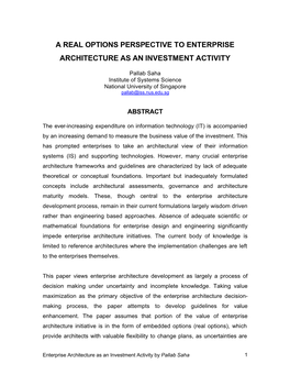 A Real Options Perspective to Enterprise Architecture As an Investment Activity