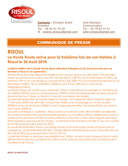 COMMUNIQUE DE PRESSE RISOUL La Haute Route Arrive Pour La Troisième Fois De Son Histoire À Risoul Le 30 Août 2018