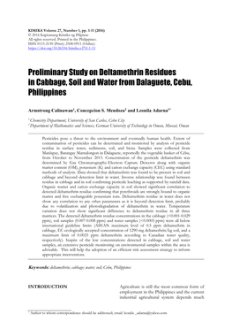 Preliminary Study on Deltamethrin Residues in Cabbage, Soil and Water from Dalaguete, Cebu, Philippines