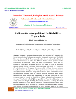 Journal of Chemical, Biological and Physical Sciences Studies on The