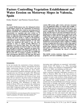 Factors Controlling Vegetation Establishment and Water Erosion on Motorway Slopes in Valencia, Spain Esther Bochet1 and Patricio Garcı´A-Fayos