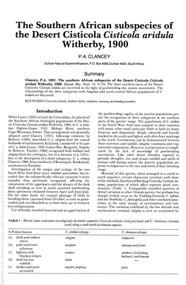 The Southern African Subspecies of the Desert Cisticola Cisticola Aridula Witherby, 1900 P.A