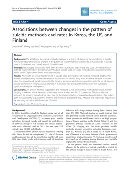 Associations Between Changes in the Pattern of Suicide Methods and Rates in Korea, the US, and Finland Subin Park1, Myung Hee Ahn2, Ahrong Lee2 and Jin Pyo Hong2*
