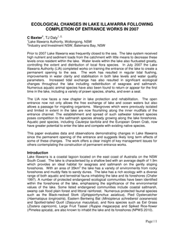Ecological Changes in Lake Illawarra Following Completion of Entrance Works in 2007