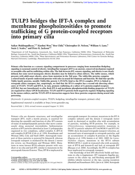 TULP3 Bridges the IFT-A Complex and Membrane Phosphoinositides to Promote Trafficking of G Protein-Coupled Receptors Into Primary Cilia