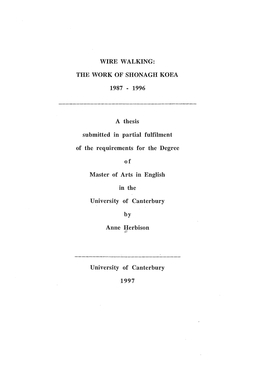 Wire Walking : the Work of Shonagh Koea, 1987-1996