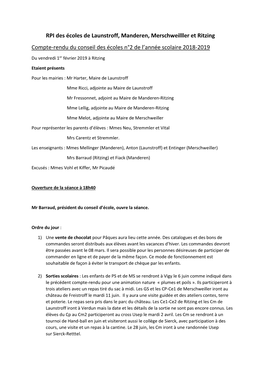 RPI Des Écoles De Launstroff, Manderen, Merschweilller Et Ritzing Compte-Rendu Du Conseil Des Écoles N°2 De L’Année Scolaire 2018-2019