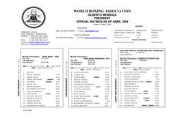 WORLD BOXING ASSOCIATION GILBERTO MENDOZA PRESIDENT OFFICIAL RATINGS AS of ABRIL 2004 Created on May 5, 2004 MEMBERS CHAIRMAN P.O
