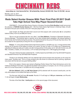 Reds Select Hunter Greene with Their First Pick of 2017 Draft Take High School Two-Way Player Second Overall