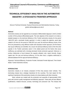 Technical Efficiency Analysis in the Automotive Industry: a Stochastic Frontier Approach