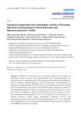 Chemical Composition and Antioxidant Activity of Essential Oils from Cinnamodendron Dinisii Schwacke and Siparuna Guianensis Aublet