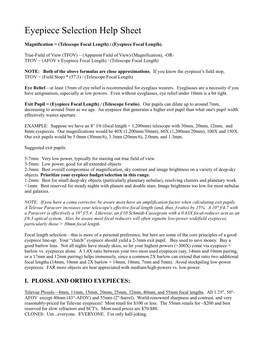 Eyepiece Selection Help Sheet