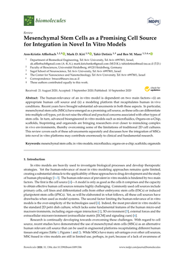 Mesenchymal Stem Cells As a Promising Cell Source for Integration in Novel in Vitro Models