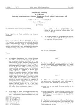 COMMISSION DECISION of 18 July 2003 Concerning